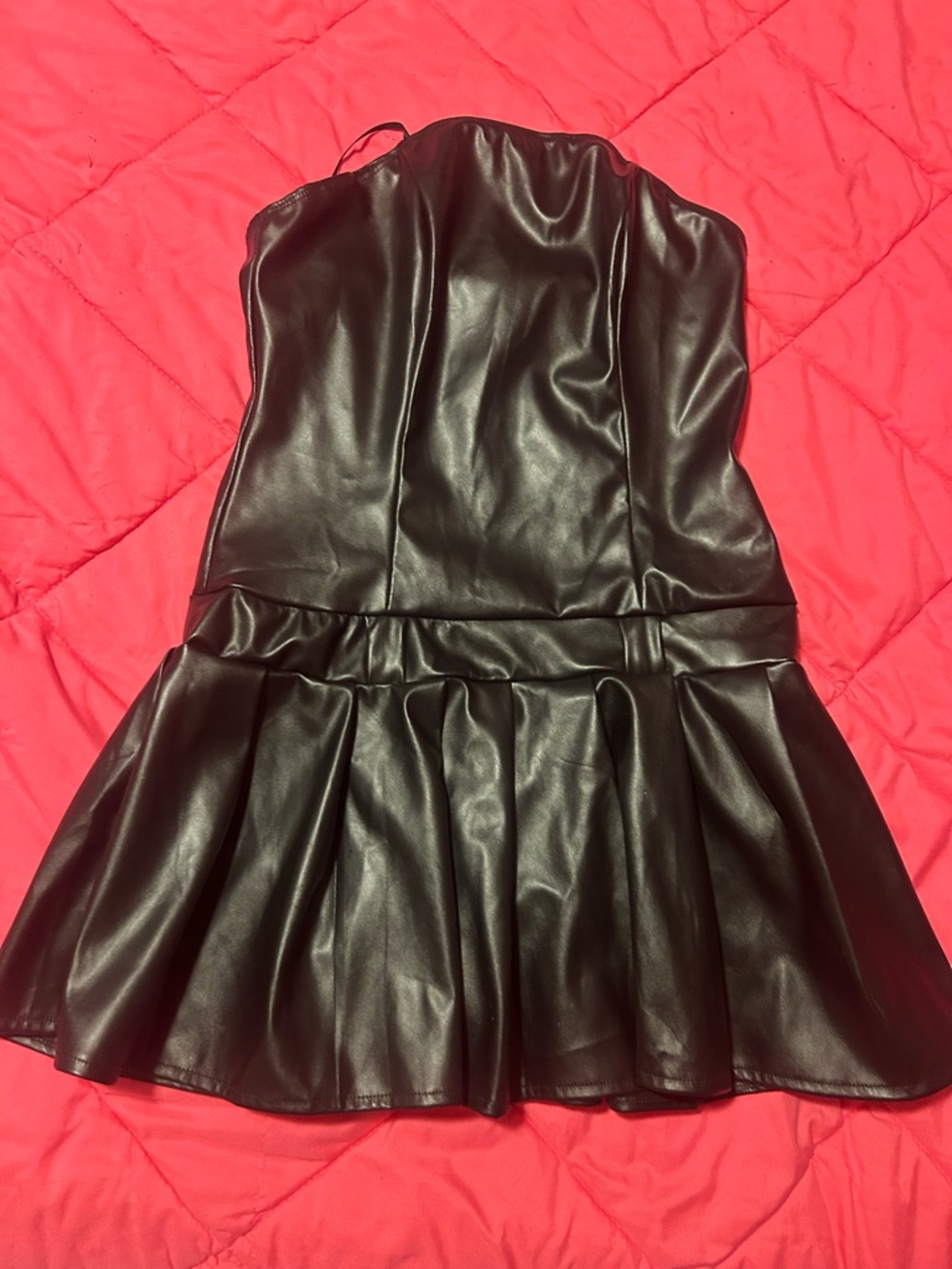 Black Faux Leather Strapless Peplum Dress